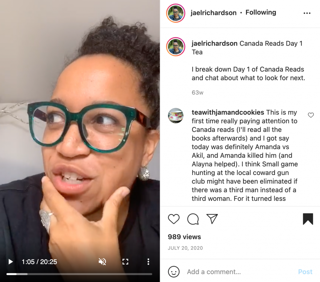 Screen shot of Jael Richardson's Instagram Live video for Canada Reads Day 1 Tea